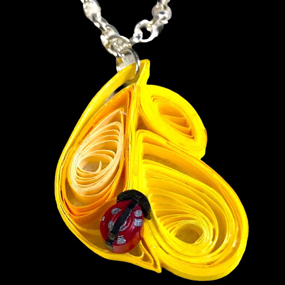 Handmade quilled necklace pendant yellow ladybug